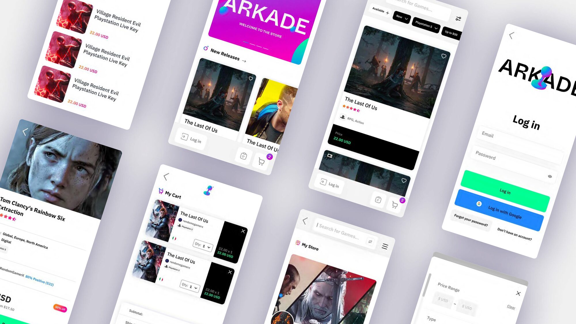 Arkade mobile screens laid out at an angle: a store home headed WELCOME TO THE STORE with a New Releases row, a product detail with a star rating and a price, a search-and-filter view with platform and price chips, a cart holding two copies of one title with quantity steppers, a seller listing showing a percentage-positive rating, a price-range filter, and a log-in screen with email, password and a Google option.
