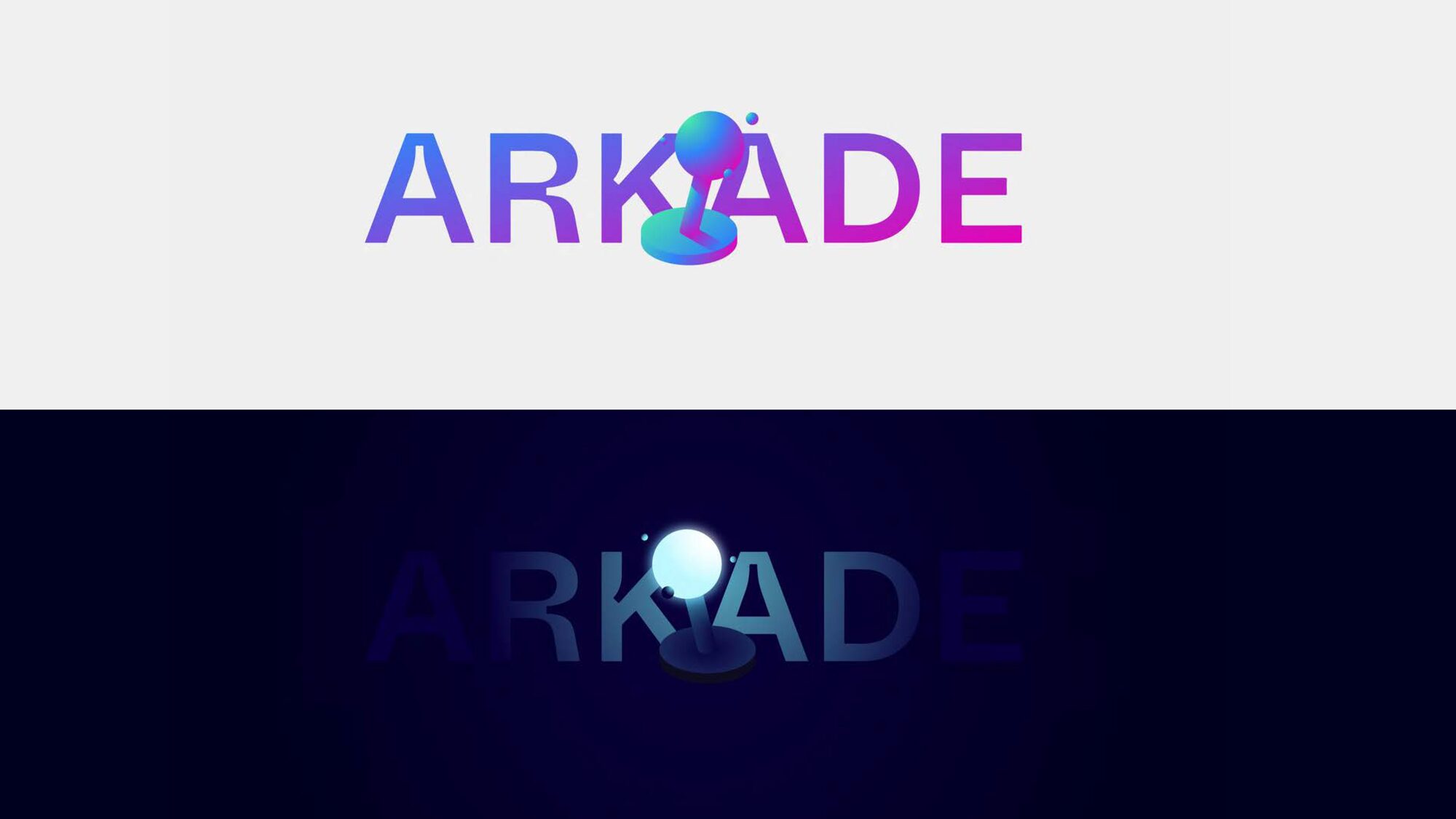The ARKADE wordmark twice. Above, on a pale ground, the letters run in a blue-to-magenta gradient and the joystick replacing the K's stem is a solid three-dimensional object. Below, on near-black, the letters recede into the dark and the joystick's sphere glows white, lighting the disc beneath it.