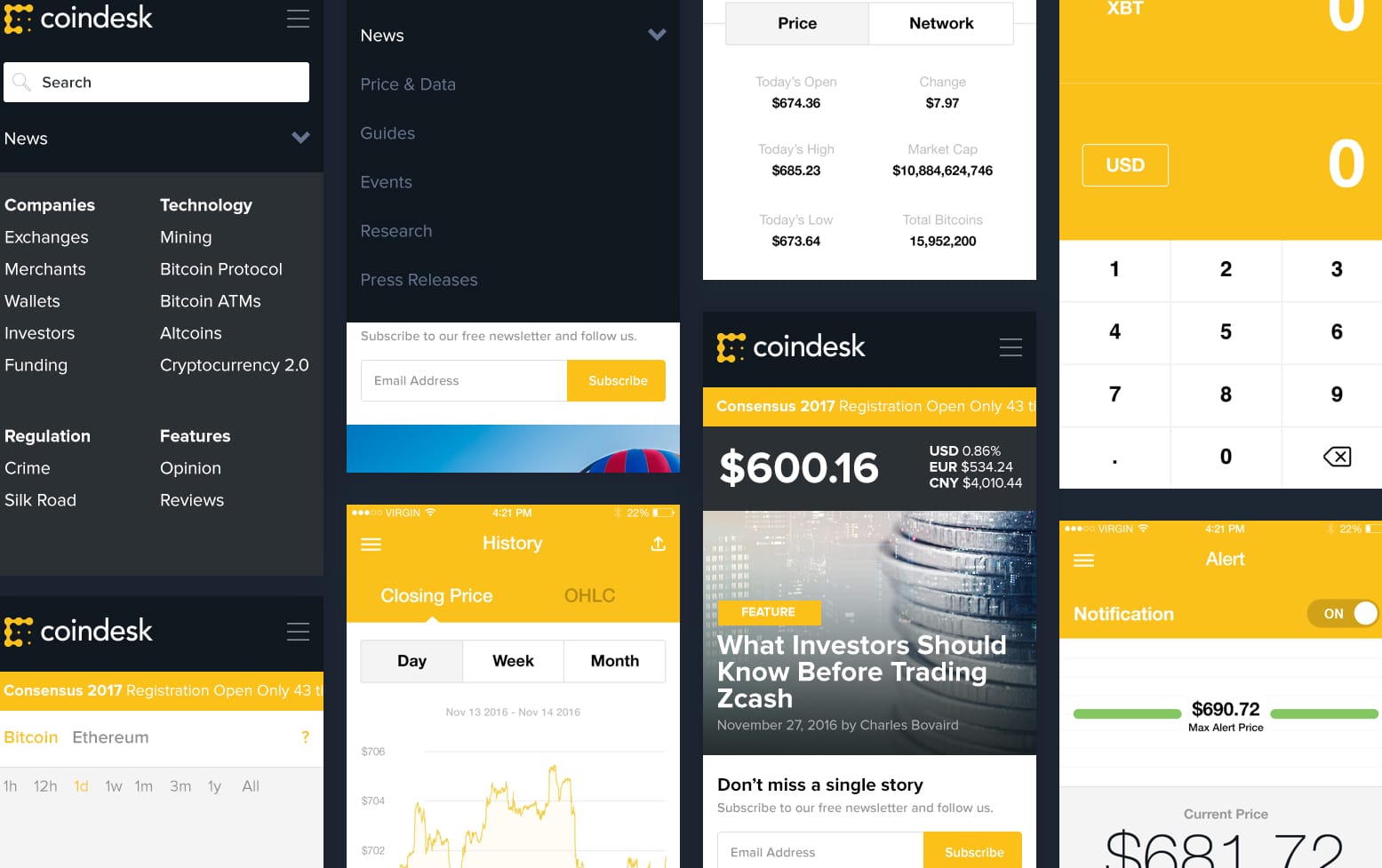 CoinDesk mobile screens side by side: an expanded news taxonomy, a collapsed nav over a bitcoin price strip, a price and network panel, a bitcoin to dollar calculator keypad, a closing-price history chart, an article screen, and a price alert screen with a notification toggle.