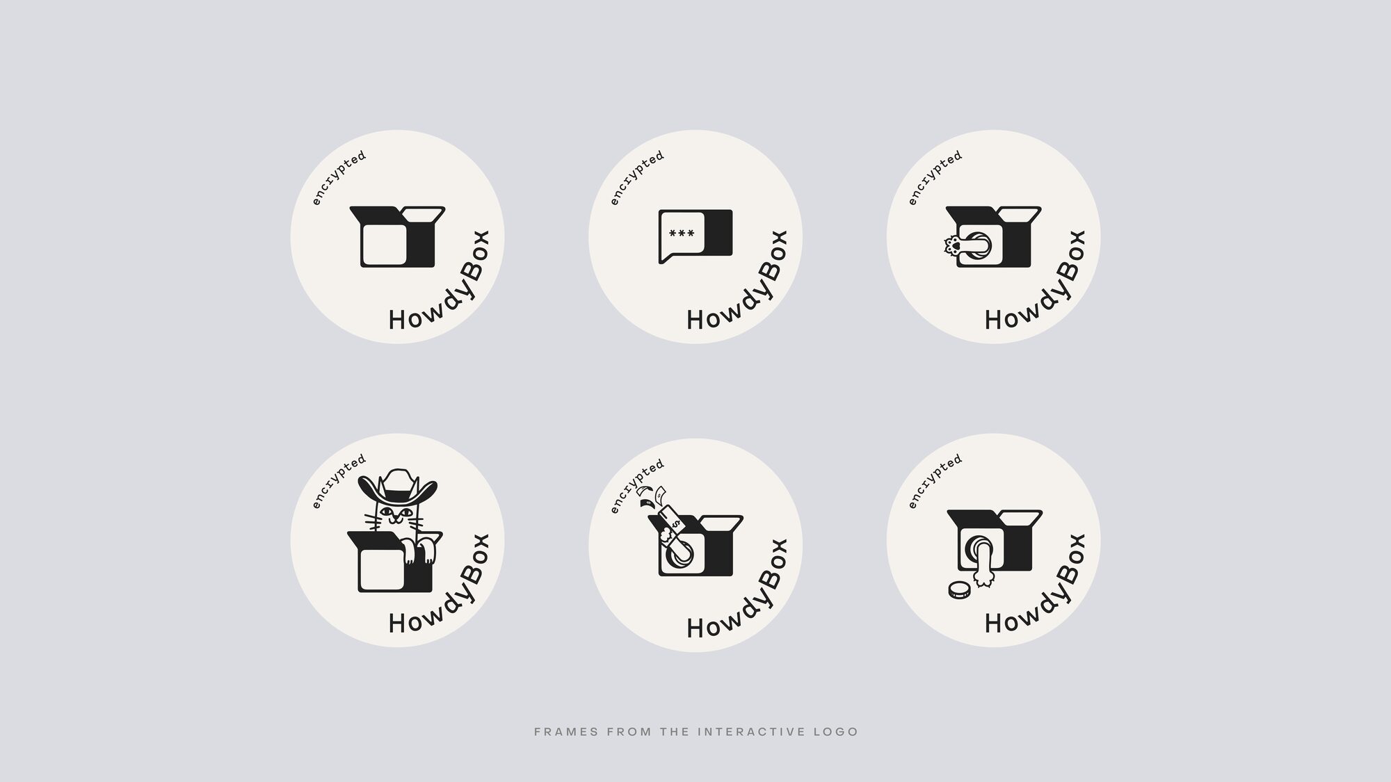 Six circular HowdyBox marks on pale grey, captioned frames from the interactive logo. Each holds a line-drawn open box - one empty, one a speech bubble, one with a cat in a cowboy hat climbing out, one with a paw reaching in - with the word encrypted curved around the rim and the HowdyBox wordmark beneath.