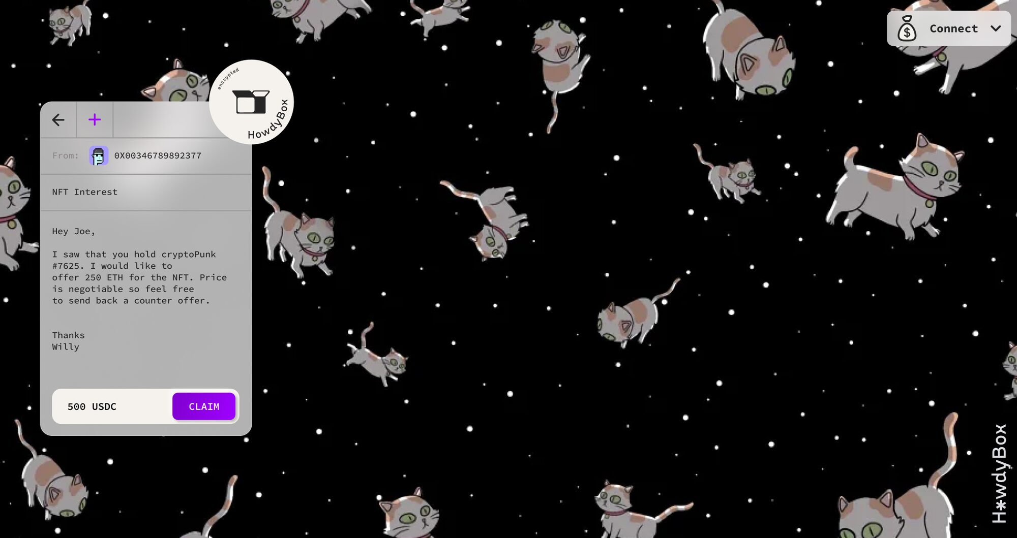 The same interface on near-black, with pale illustrated cats scattered across a starfield and a compact chat panel at the left carrying a violet send button.