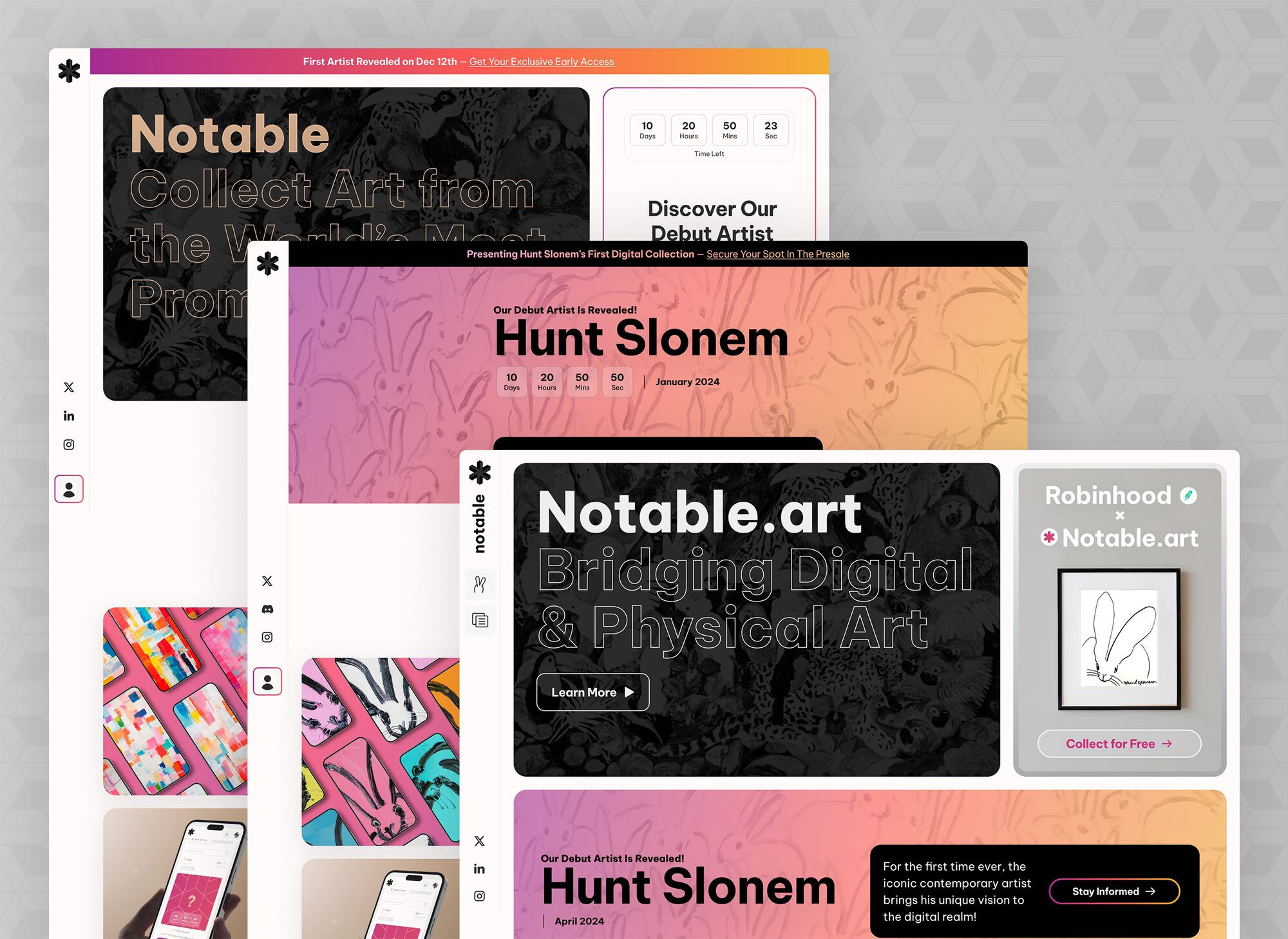 Overlapping Notable.art marketing pages. One announces First Artist Revealed on Dec 12th with a countdown and a Discover Our Debut Artist panel. Two others carry the same headline, Our Debut Artist Is Revealed! Hunt Slonem, over a rabbit-pattern gradient — one dated January 2024, the other April 2024. A Robinhood times Notable.art panel offers a framed rabbit drawing with Collect for Free. Phone mockups show the works in the app.