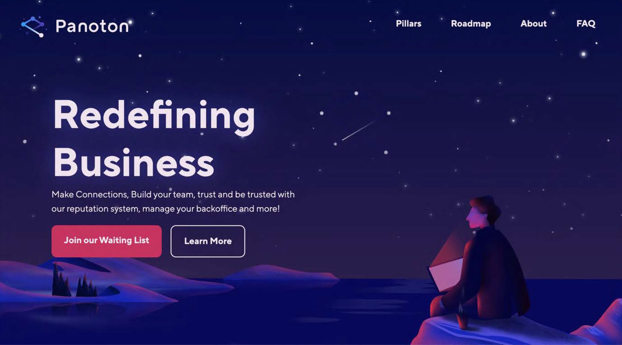 The Panoton landing page: a headline reading Redefining Business over a deep blue starfield, a seated figure looking out across it, and two buttons reading Join our Waiting List and Learn More.
