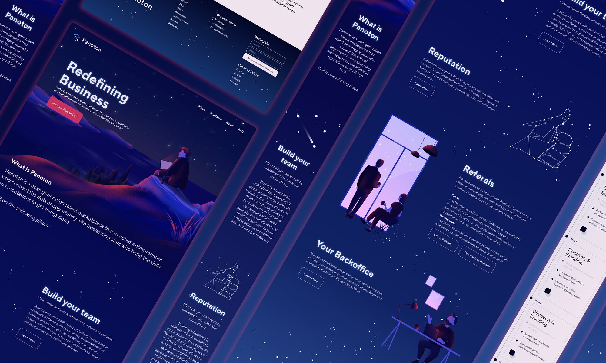 Panoton interface screens arranged at an angle on dark blue: a marketing page with sections for how it works and rewards, and product views showing job listings and a profile.