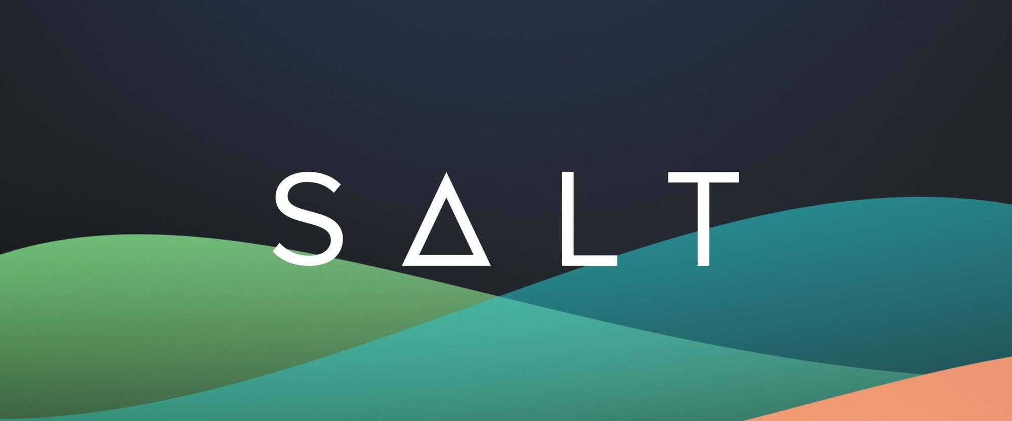 The SALT wordmark set in thin white capitals, the A drawn as an open triangle, over layered wave shapes in green, teal and salmon on a near-black field.