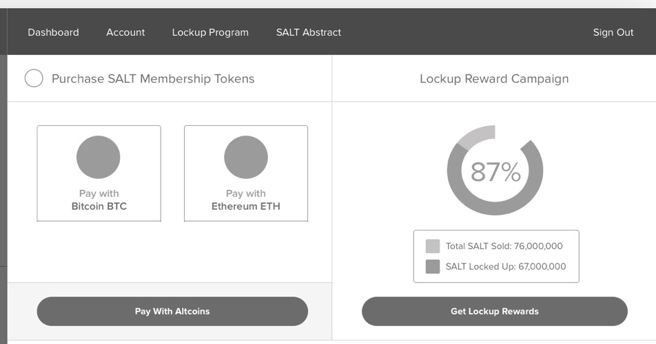 Greyscale wireframe of the SALT member dashboard, cropped to two panels. On the left, Purchase SALT Membership Tokens, with a card to pay with Bitcoin, a card to pay with Ethereum, and a Pay With Altcoins button. On the right, Lockup Reward Campaign, with a progress ring reading 87 percent, a legend for total SALT sold against SALT locked up, and a Get Lockup Rewards button.