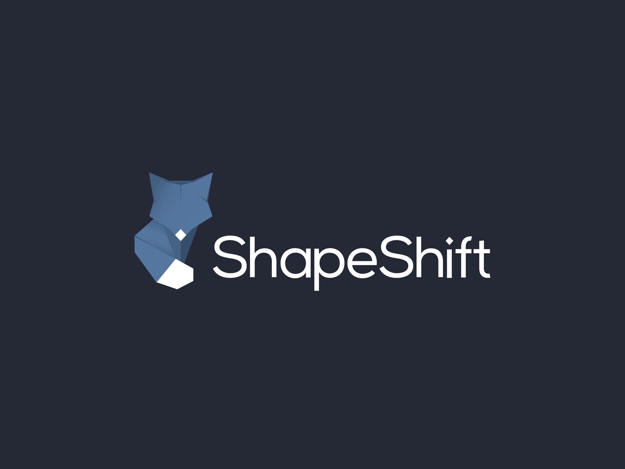 The ShapeShift fox on a dark navy field: a faceted, folded-paper fox head in three blues with a white tail, beside the ShapeShift wordmark in white with diamond-shaped dots on the i and the f.