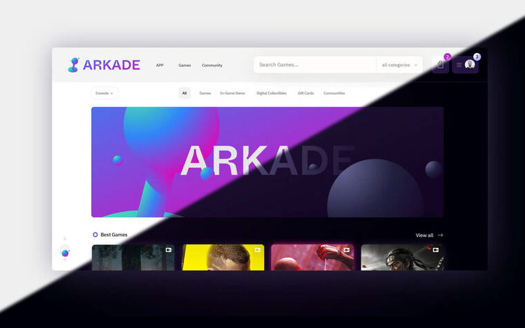 The Arkade marketplace shown light and dark: the ARKADE hero over a grid of game listings.