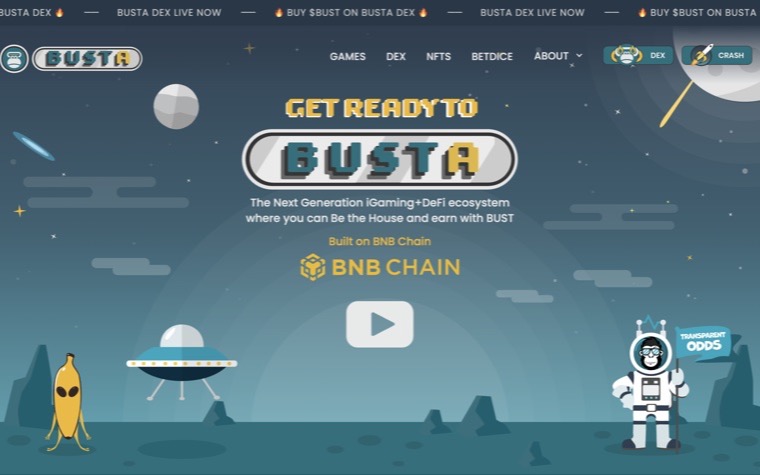 The BUSTA site: a pixel wordmark on a cartoon moonscape with a ticker reading BUSTA DEX LIVE NOW, an astronaut ape holding a Transparent Odds flag, and the line Built on BNB Chain.