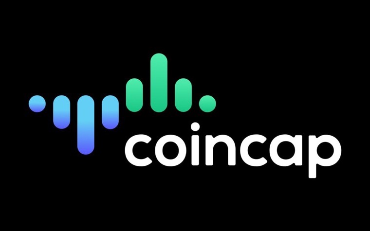 The CoinCap mark on black: a row of rounded vertical bars rising like a bar chart, in blue through green, above the lowercase wordmark coincap.