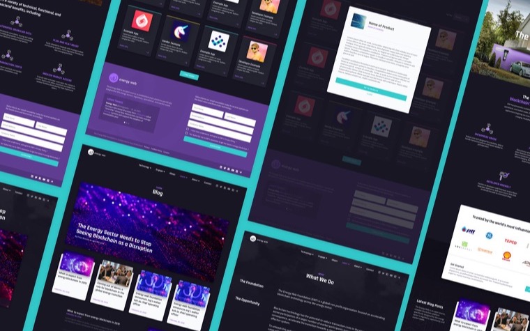 Energy Web website screens on teal: a dark hero, content sections, a partner logo band and a photographic panel of energy infrastructure.