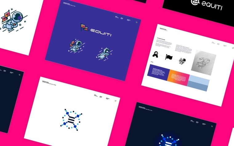The Equiti brand sheet on a magenta grid: the wordmark, mark variants, a colour and type panel, and application tiles on black.