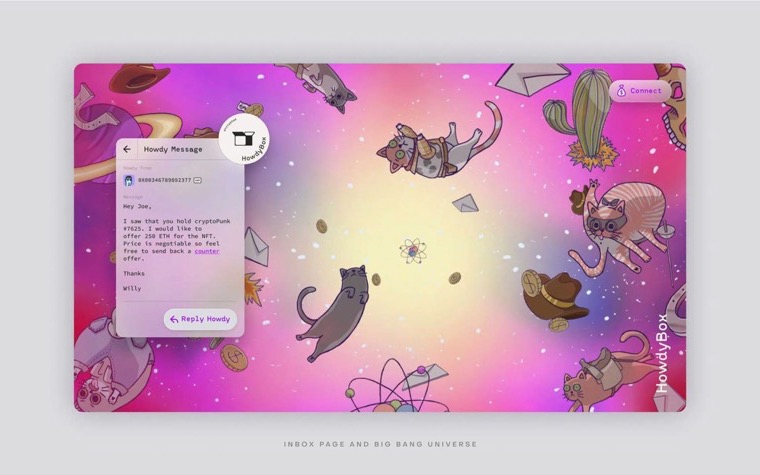 A HowdyBox interface over a pink and violet psychedelic field, surrounded by scattered illustrated cats in space helmets and costumes, with a small chat panel in the middle.