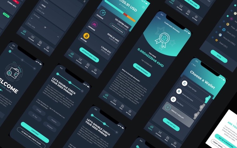 Agama mobile wallet screens laid out at an angle on dark teal: a welcome screen, coin lists with balances, a QR receive view, settings and a seed-phrase flow.