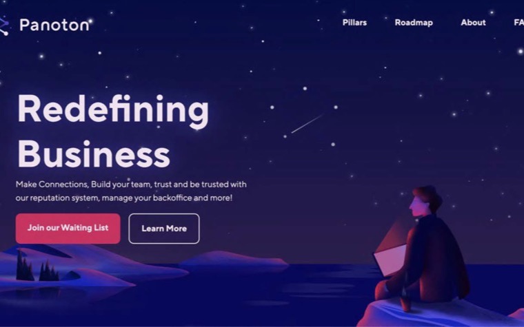 The Panoton landing page: a headline reading Redefining Business over a night-blue starfield, with a seated figure looking out at it, a Join our Waiting List button and a Learn More link.