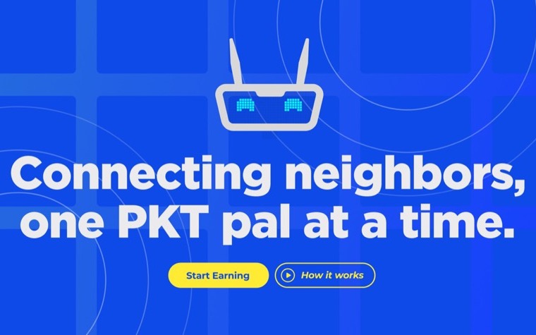 A PktPal marketing screen in blue: a line-drawn router above the headline Connecting neighbors, one PKT pal at a time, with Start Earning and How it works buttons.