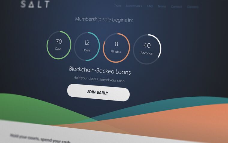 SALT's membership sale counting down in days, hours, minutes and seconds over the words Blockchain-Backed Loans.