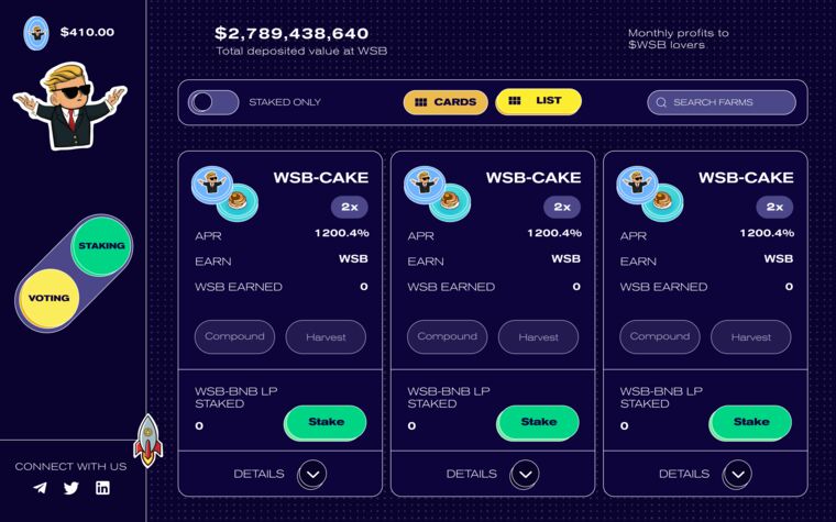 The WallStreetBets staking dashboard: WSB-CAKE pools showing APR and tokens earned, above a total deposited value in $WSB.