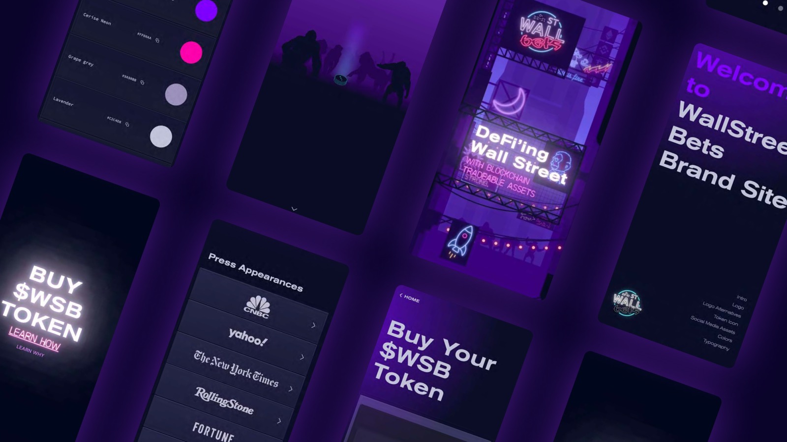 Angled grid of WallStreetBets brand site screens: a colour palette panel listing Cerise Neon, Grape grey and Lavender with hex values, a neon Buy $WSB Token screen, a press appearances list, the DeFi’ing Wall Street landing hero, and the brand site contents page listing Intro, Logo, Logo Alternatives, Token Icon, Social Media Assets, Colors and Typography.