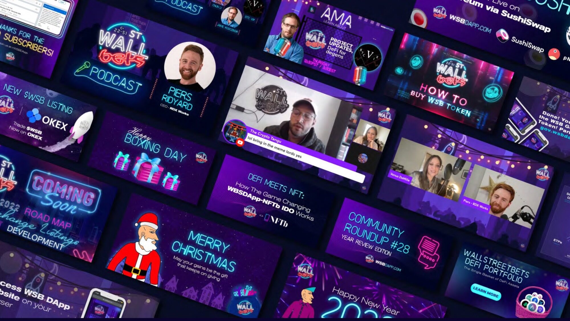 Dozens of WallStreetBets community assets tiled at an angle, all in the neon-on-violet system: podcast cover cards with guest portraits, AMA announcements with dates and times, exchange listing announcements, a how-to-buy explainer, a DeFi-meets-NFT title card, a numbered community roundup, a coming-soon 2022 roadmap, seasonal greetings for Boxing Day, Christmas and New Year, a DeFi portfolio promo, and stills from live streams with several speakers on screen.