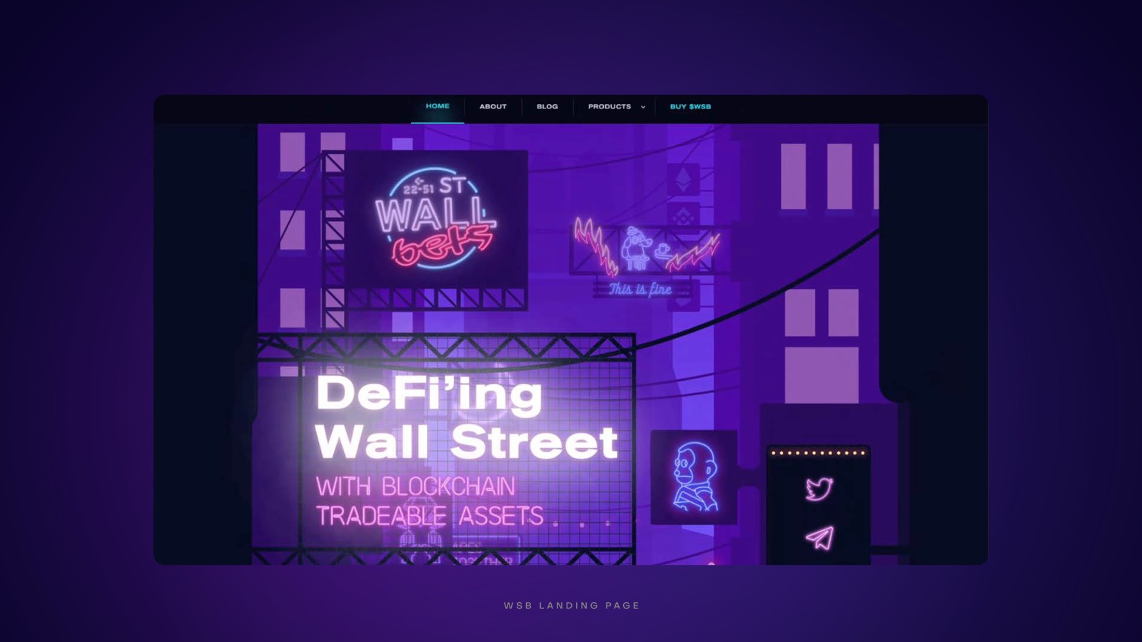 The WallStreetBets DApp landing page in a browser frame: a neon night-time city street illustration with the neon WallStreetBets sign on a billboard, headline reading DeFi’ing Wall Street with blockchain tradeable assets, and a top navigation of Home, About, Blog, Products and Buy $WSB.