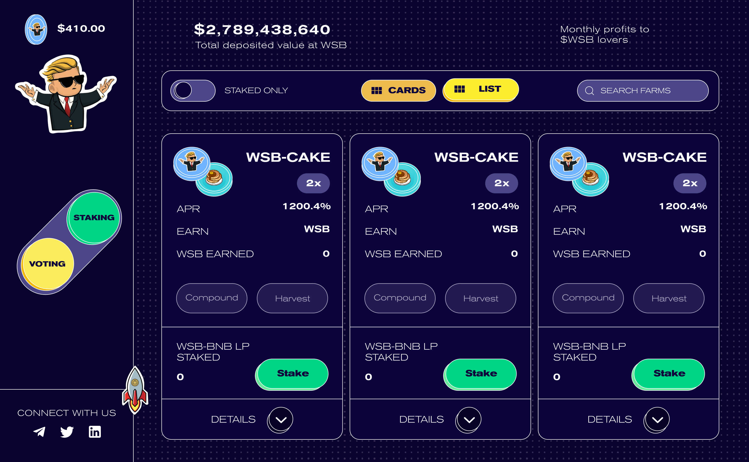 The WallStreetBets staking dashboard on dark violet: a total deposited value headline, a staked-only toggle with cards and list views and a farm search, and three identical WSB-CAKE farm cards each showing a 2x multiplier, an APR figure, WSB earned, Compound and Harvest buttons, and a WSB-BNB liquidity-pool stake button. A sidebar carries a balance, the shrugging trader mascot, and a staking-versus-voting switch.